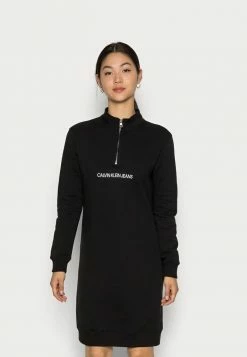 Calvin Klein Jeans VERTICAL MONOGRAM HALF ZIP DRESS - Robe De Jour - Black