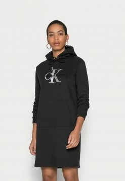 Calvin Klein Jeans GLOSSY MONOGRAM HOODIE DRESS - Robe De Jour - Black