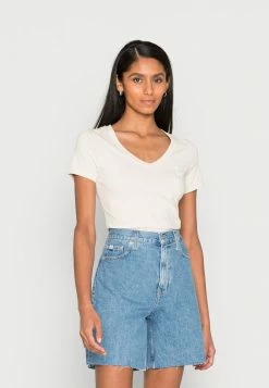 Calvin Klein Jeans MONOGRAM LOGO V NECK TEE - T-shirt Basique - Eggshell
