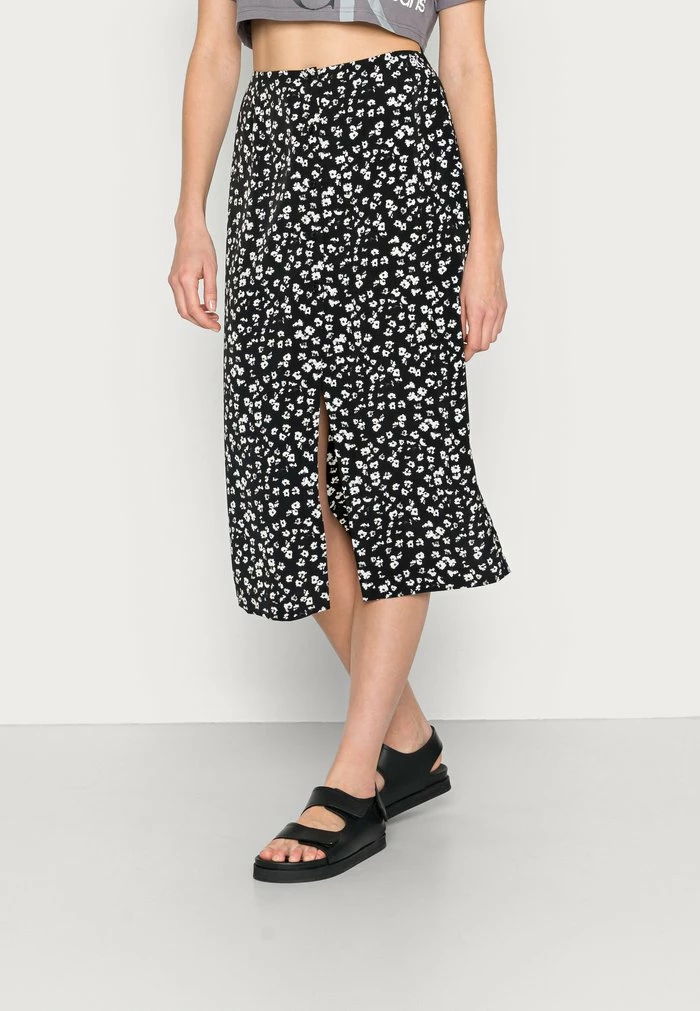 Calvin Klein Jeans BUTTONS THROUGH SPLIT MIDI - Jupe Crayon - Black/bright White 1 Calvin Klein Jeans BUTTONS THROUGH SPLIT MIDI - Jupe Crayon - Black/bright White